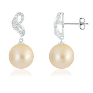 9mm AA Golden South Sea Pearl and Diamond Swirl Earrings in S999 Silver