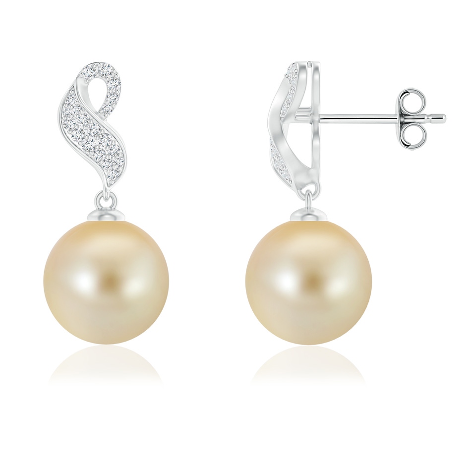 9mm AAA Golden South Sea Pearl and Diamond Swirl Earrings in S999 Silver 