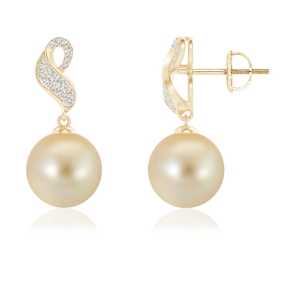 9mm AAA Golden South Sea Pearl and Diamond Swirl Earrings in Yellow Gold 