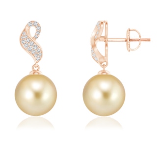 9mm AAAA Golden South Sea Pearl and Diamond Swirl Earrings in 10K Rose Gold