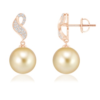 9mm AAAA Golden South Sea Pearl and Diamond Swirl Earrings in 9K Rose Gold