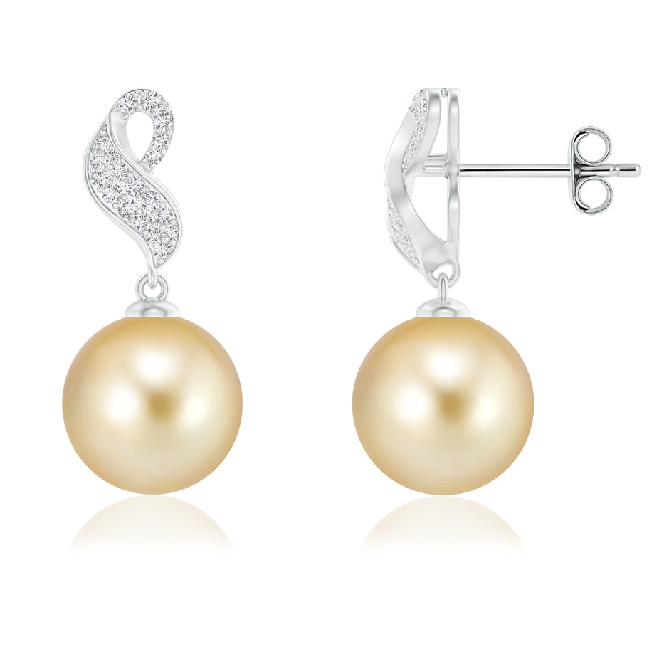 9mm AAAA Golden South Sea Pearl and Diamond Swirl Earrings in S999 Silver 