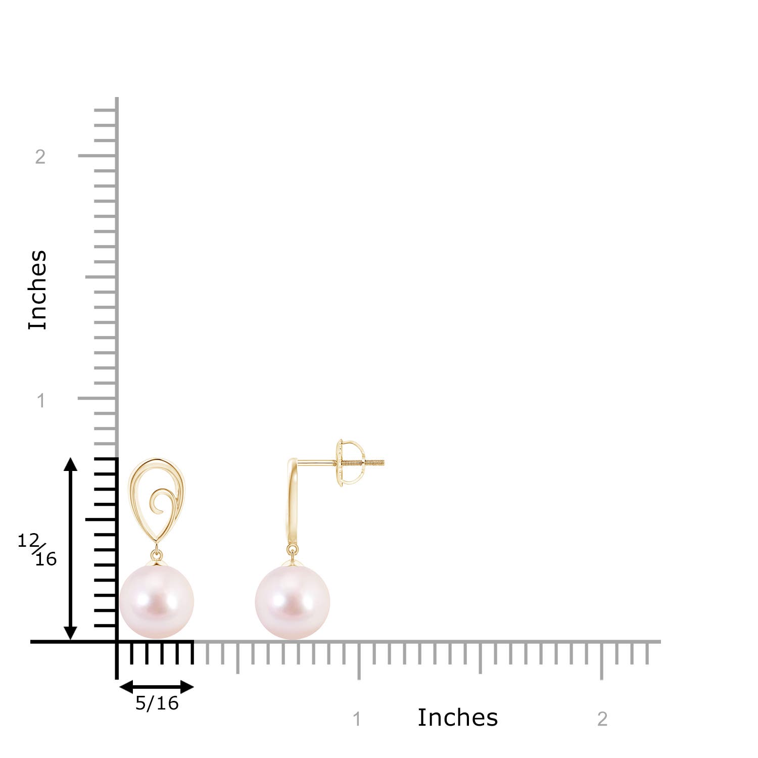 8mm AAAA Japanese Akoya Pearl Drop Earrings with Metal Loop in Yellow Gold - ruler