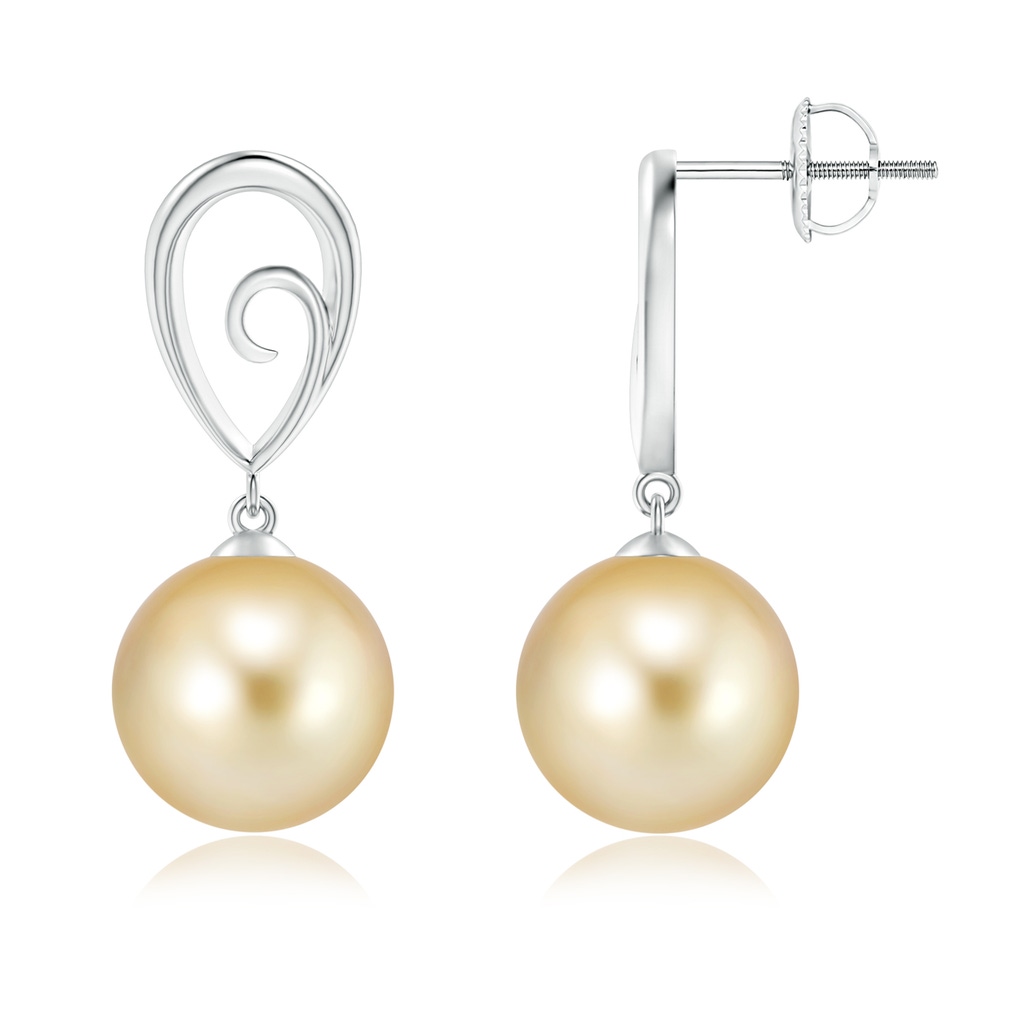 10mm AAAA Golden South Sea Cultured Pearl Drop Earrings with Metal Loop in White Gold