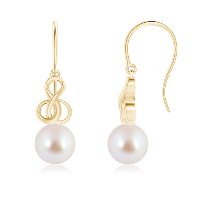 8mm AAA Akoya Cultured Pearl Intertwined Infinity Earrings in Yellow Gold 