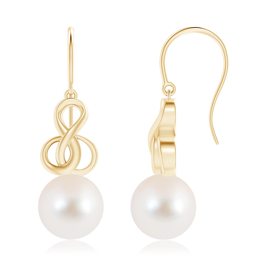 10mm AAA Freshwater Pearl Intertwined Infinity Earrings in Yellow Gold