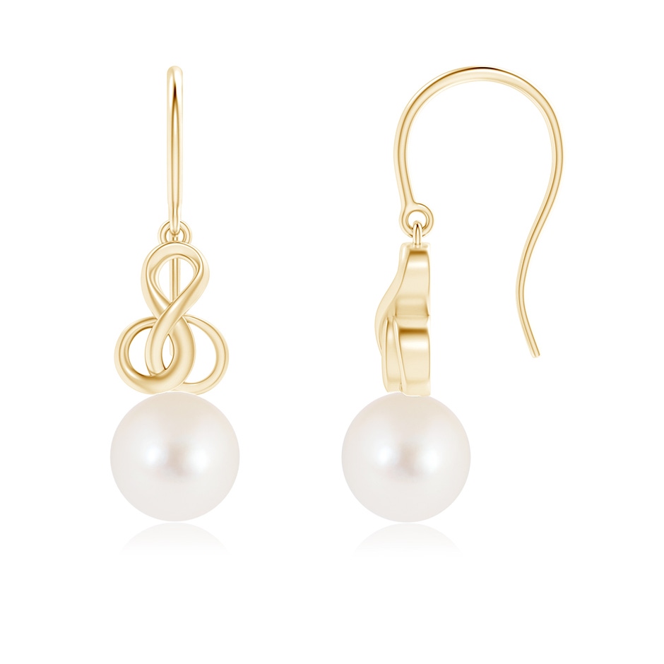 8mm AAA Freshwater Pearl Intertwined Infinity Earrings in Yellow Gold 