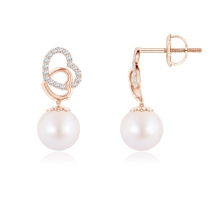6mm AA Intertwined Heart Japanese Akoya Pearl Drop Earrings in 9K Rose Gold