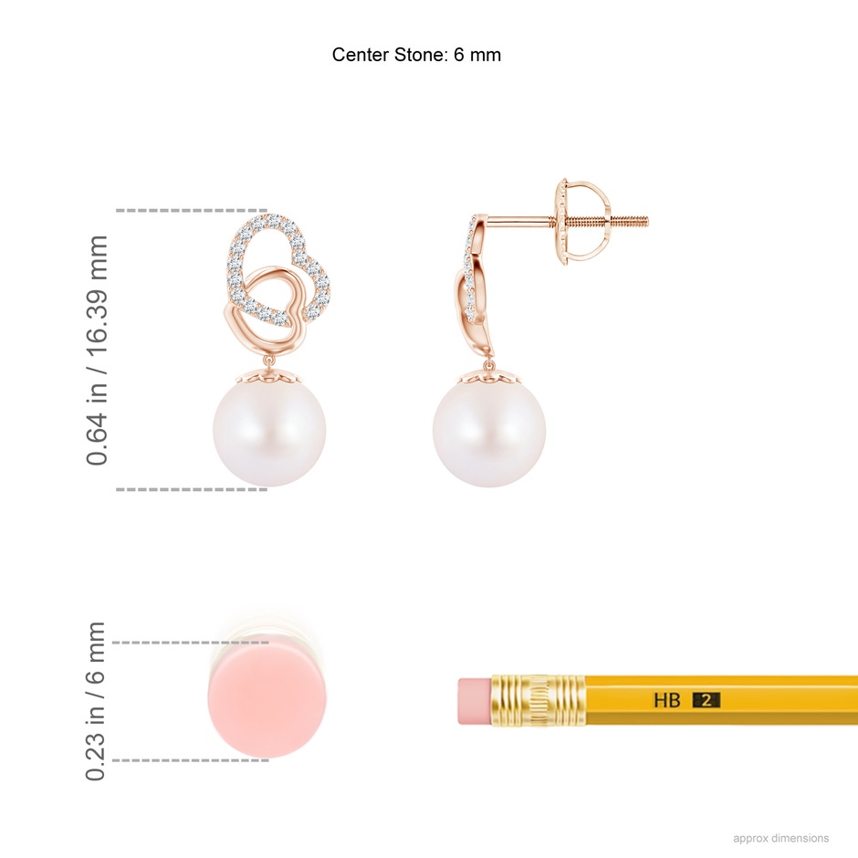 6mm AA Intertwined Heart Japanese Akoya Pearl Drop Earrings in Rose Gold ruler