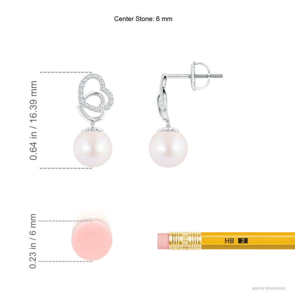 6mm AA Intertwined Heart Japanese Akoya Pearl Drop Earrings in White Gold ruler