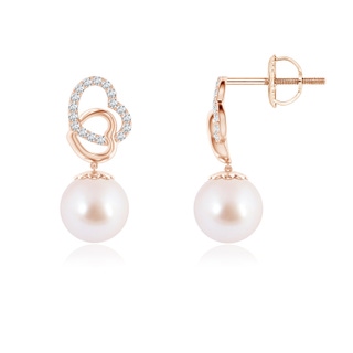 6mm AAA Intertwined Heart Japanese Akoya Pearl Drop Earrings in Rose Gold