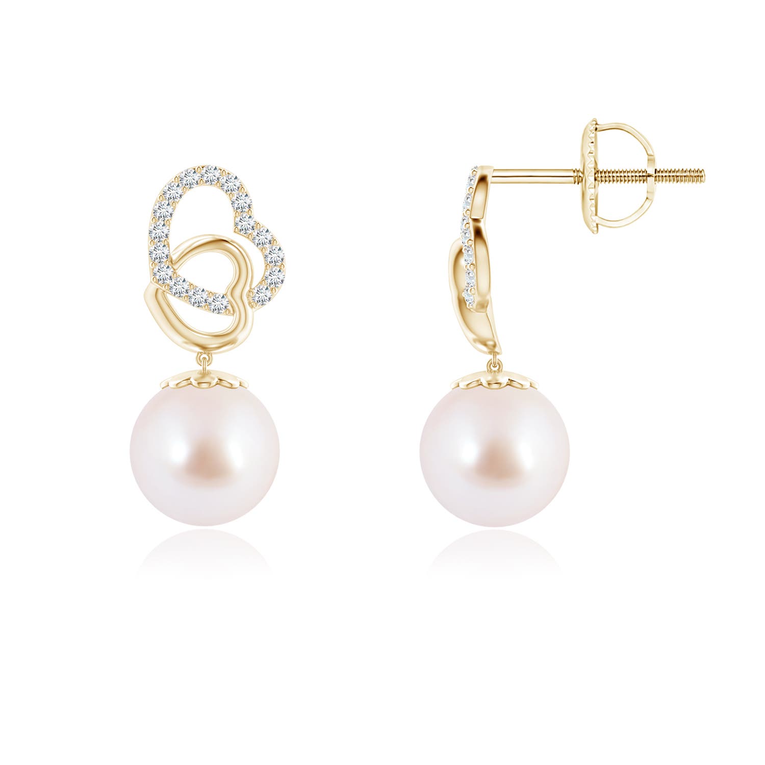 6mm AAA Intertwined Heart Japanese Akoya Pearl Drop Earrings in Yellow Gold