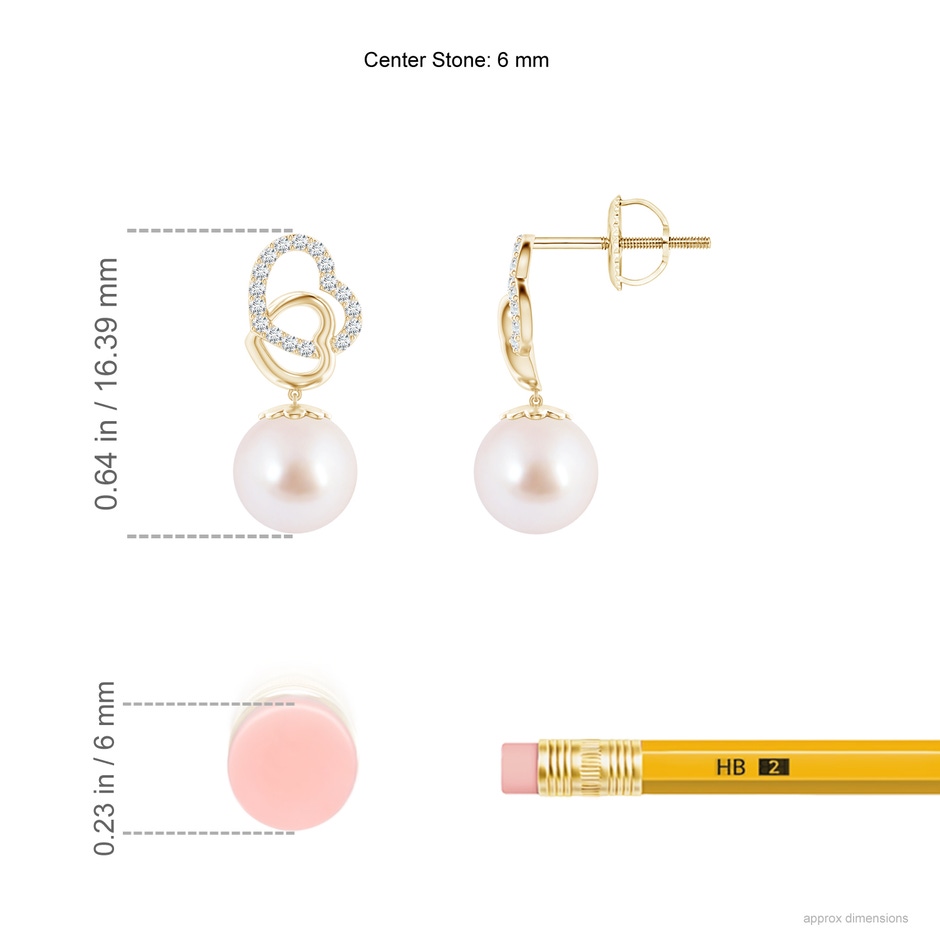 6mm AAA Intertwined Heart Japanese Akoya Pearl Drop Earrings in Yellow Gold ruler