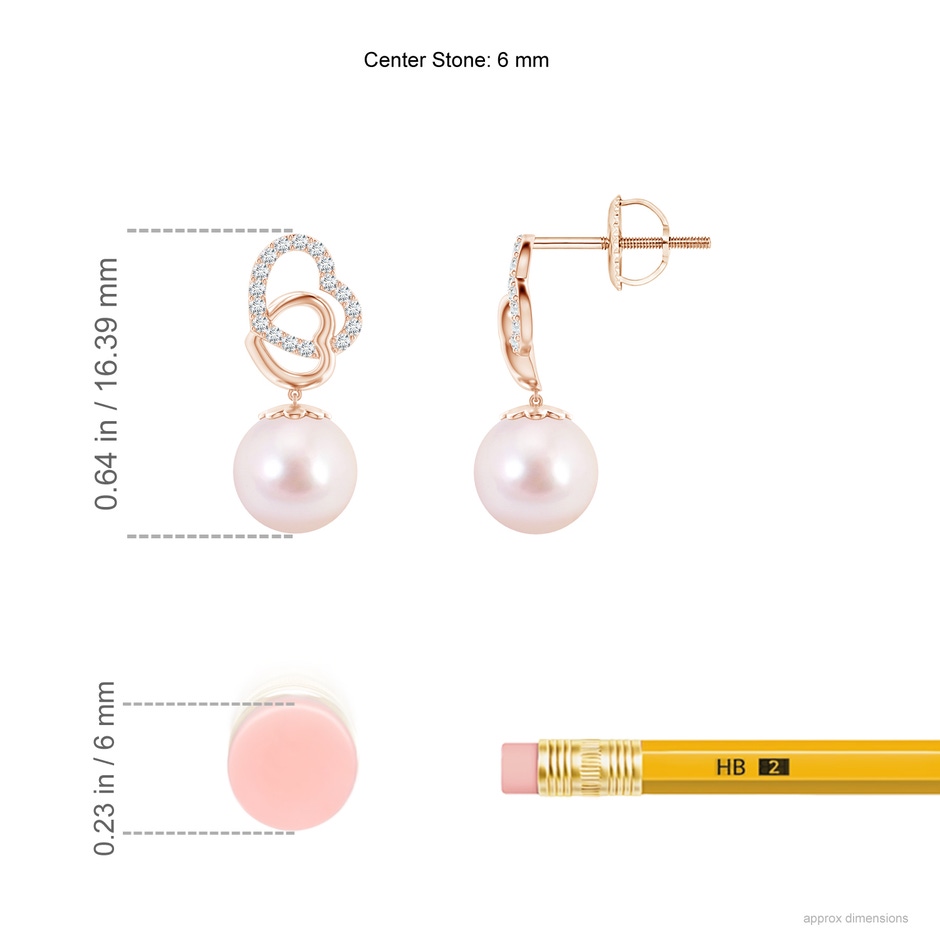 6mm AAAA Intertwined Heart Japanese Akoya Pearl Drop Earrings in Rose Gold ruler