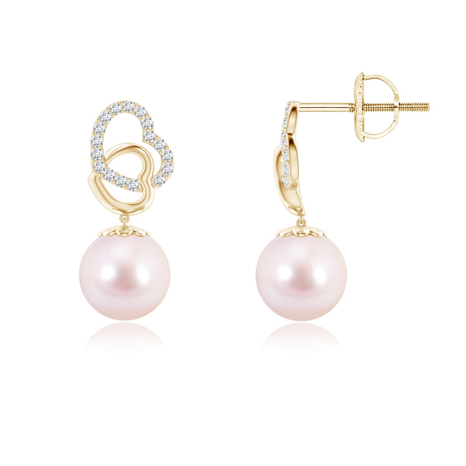 6mm AAAA Intertwined Heart Japanese Akoya Pearl Drop Earrings in Yellow Gold 