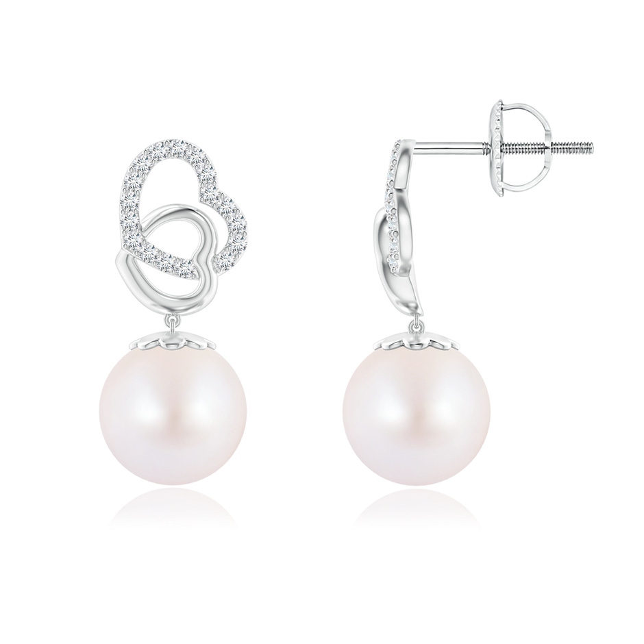 7mm AA Intertwined Heart Japanese Akoya Pearl Drop Earrings in White Gold 