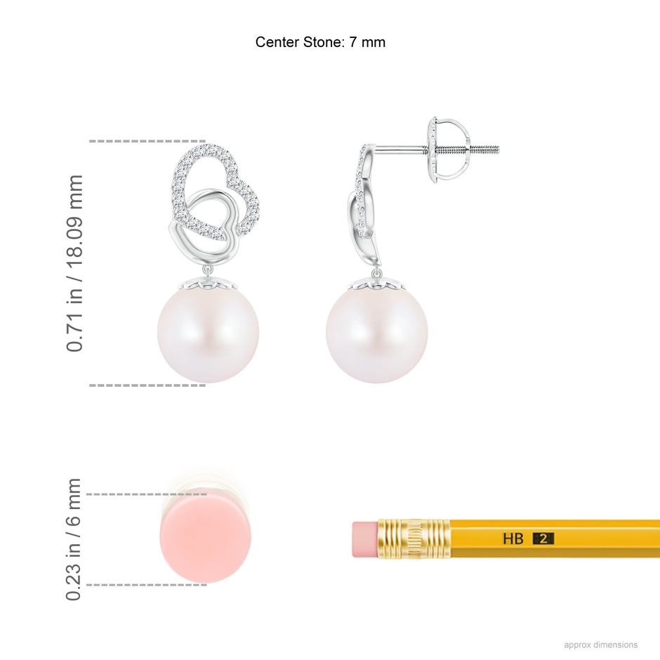 7mm AA Intertwined Heart Japanese Akoya Pearl Drop Earrings in White Gold ruler