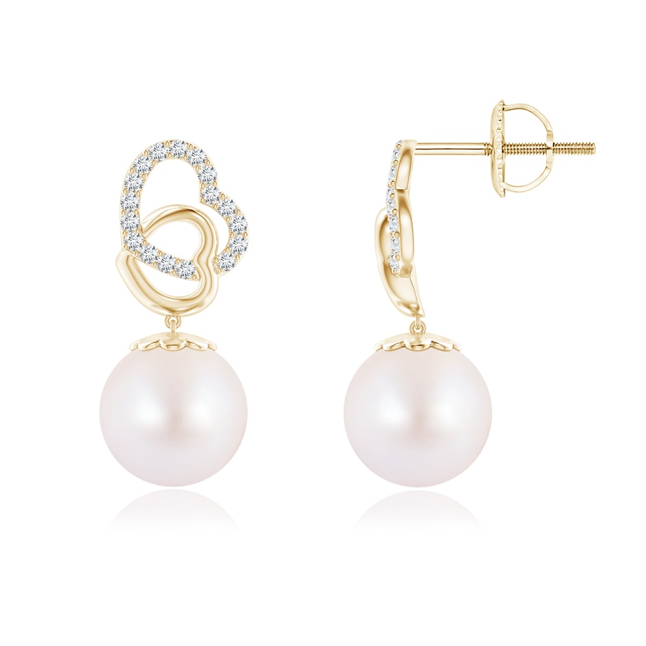7mm AA Intertwined Heart Japanese Akoya Pearl Drop Earrings in Yellow Gold 