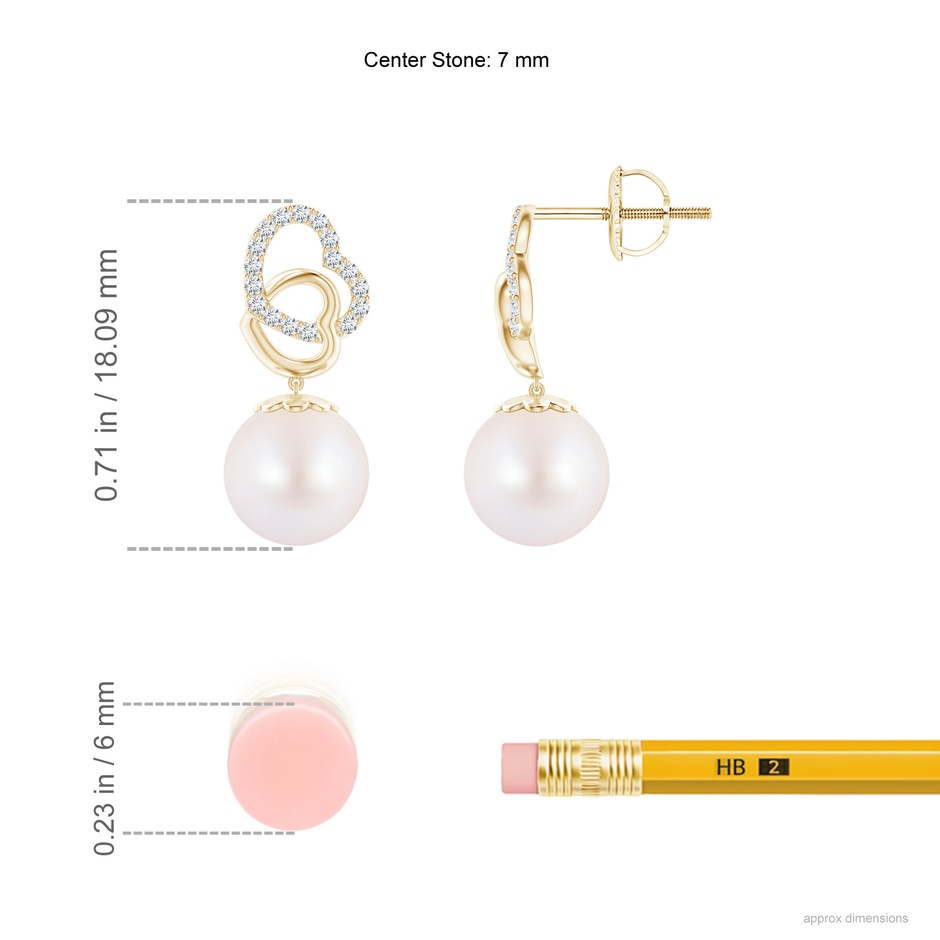 7mm AA Intertwined Heart Japanese Akoya Pearl Drop Earrings in Yellow Gold ruler