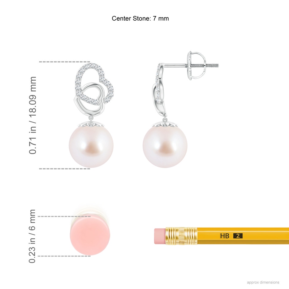 7mm AAA Intertwined Heart Japanese Akoya Pearl Drop Earrings in White Gold ruler