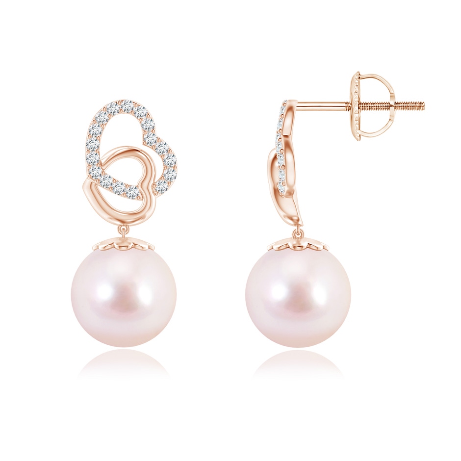 7mm AAAA Intertwined Heart Japanese Akoya Pearl Drop Earrings in Rose Gold 