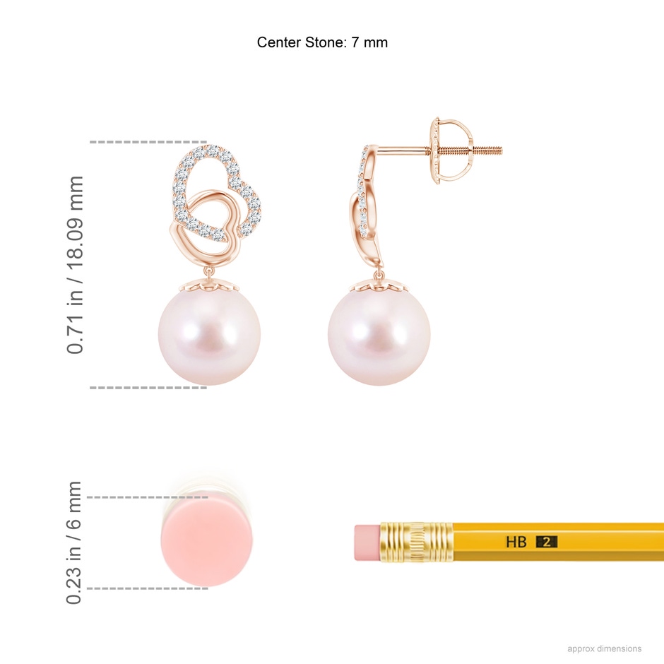 7mm AAAA Intertwined Heart Japanese Akoya Pearl Drop Earrings in Rose Gold ruler