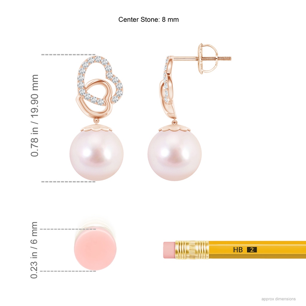 8mm AAAA Intertwined Heart Japanese Akoya Pearl Drop Earrings in Rose Gold Ruler