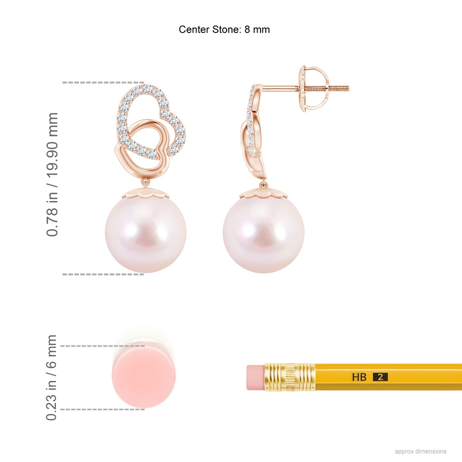 8mm AAAA Intertwined Heart Japanese Akoya Pearl Drop Earrings in Rose Gold ruler