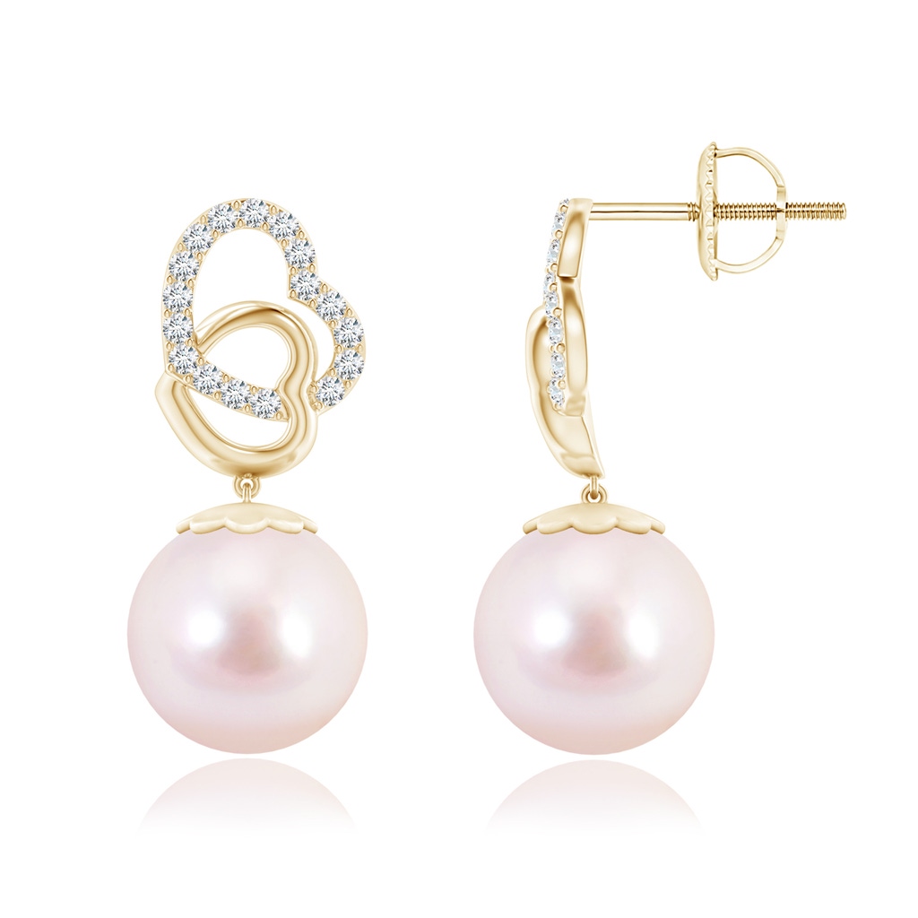 8mm AAAA Intertwined Heart Japanese Akoya Pearl Drop Earrings in Yellow Gold