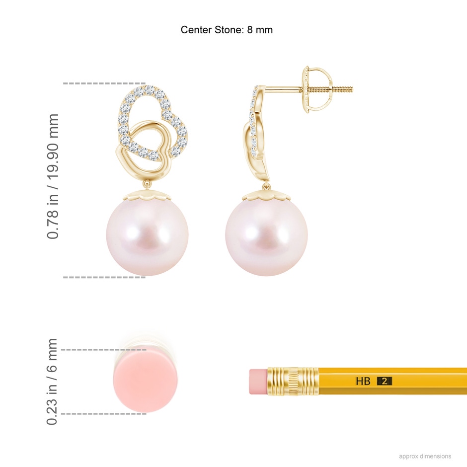 8mm AAAA Intertwined Heart Japanese Akoya Pearl Drop Earrings in Yellow Gold ruler