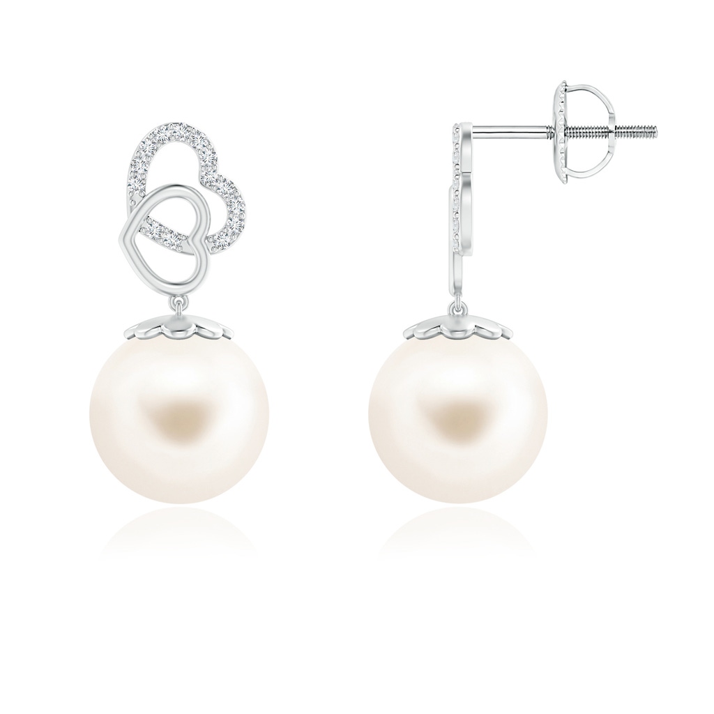 10mm AAA Intertwined Heart Freshwater Pearl Drop Earrings in White Gold