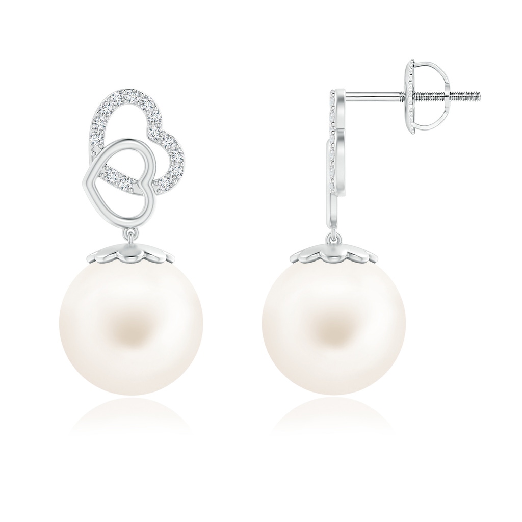 11mm AAA Intertwined Heart Freshwater Pearl Drop Earrings in White Gold