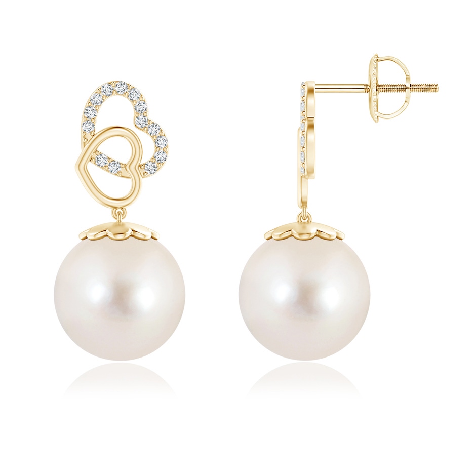 11mm AAAA Intertwined Heart Freshwater Pearl Drop Earrings in Yellow Gold 