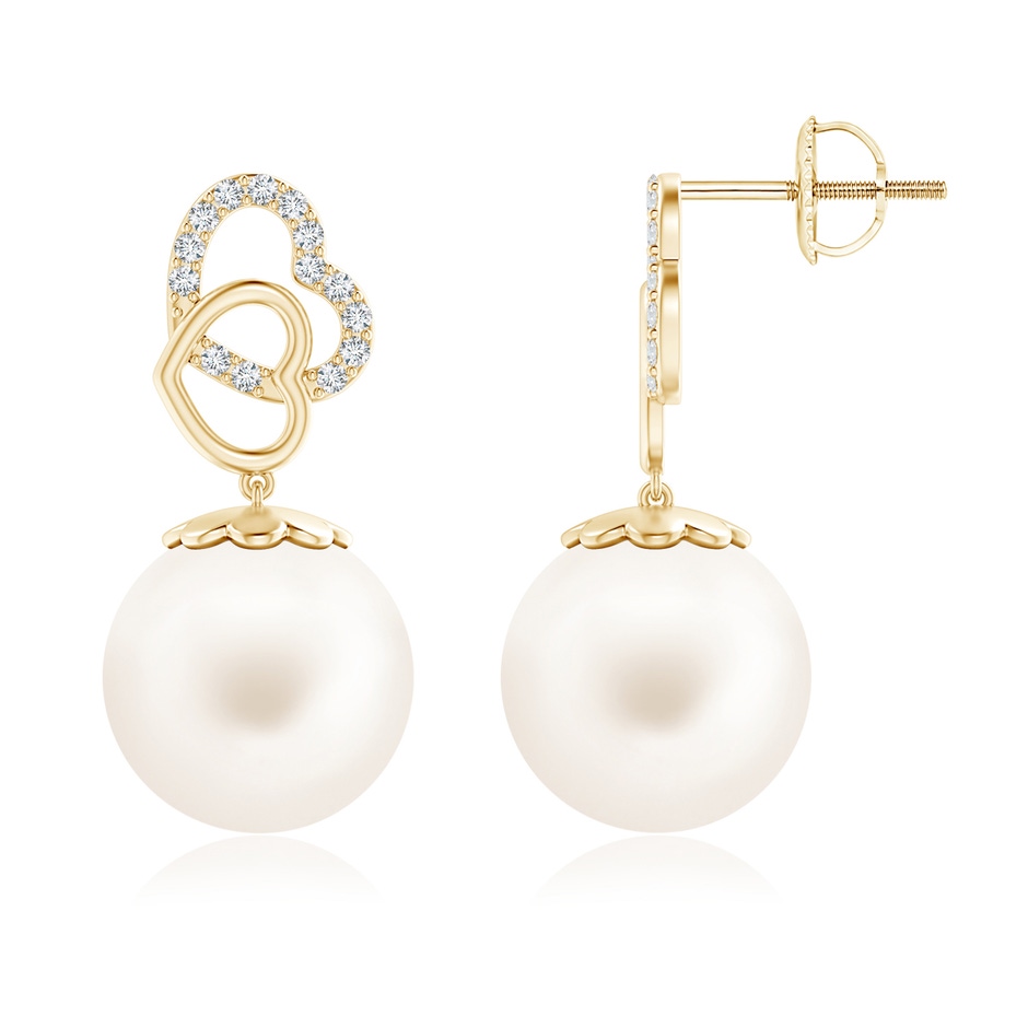 12mm AA Intertwined Heart Freshwater Pearl Drop Earrings in Yellow Gold 