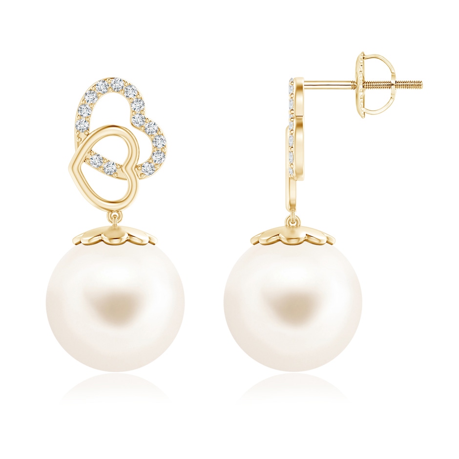 12mm AAA Intertwined Heart Freshwater Pearl Drop Earrings in Yellow Gold 