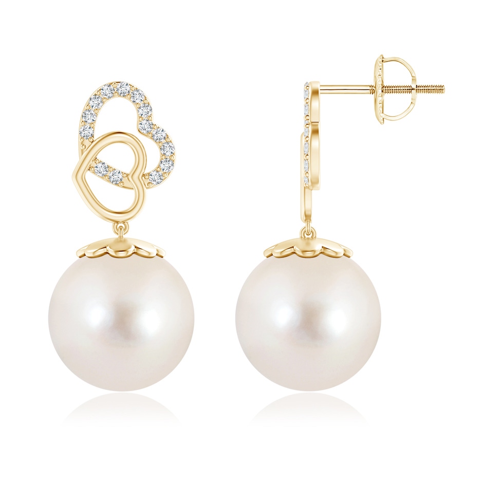 12mm AAAA Intertwined Heart Freshwater Pearl Drop Earrings in Yellow Gold 