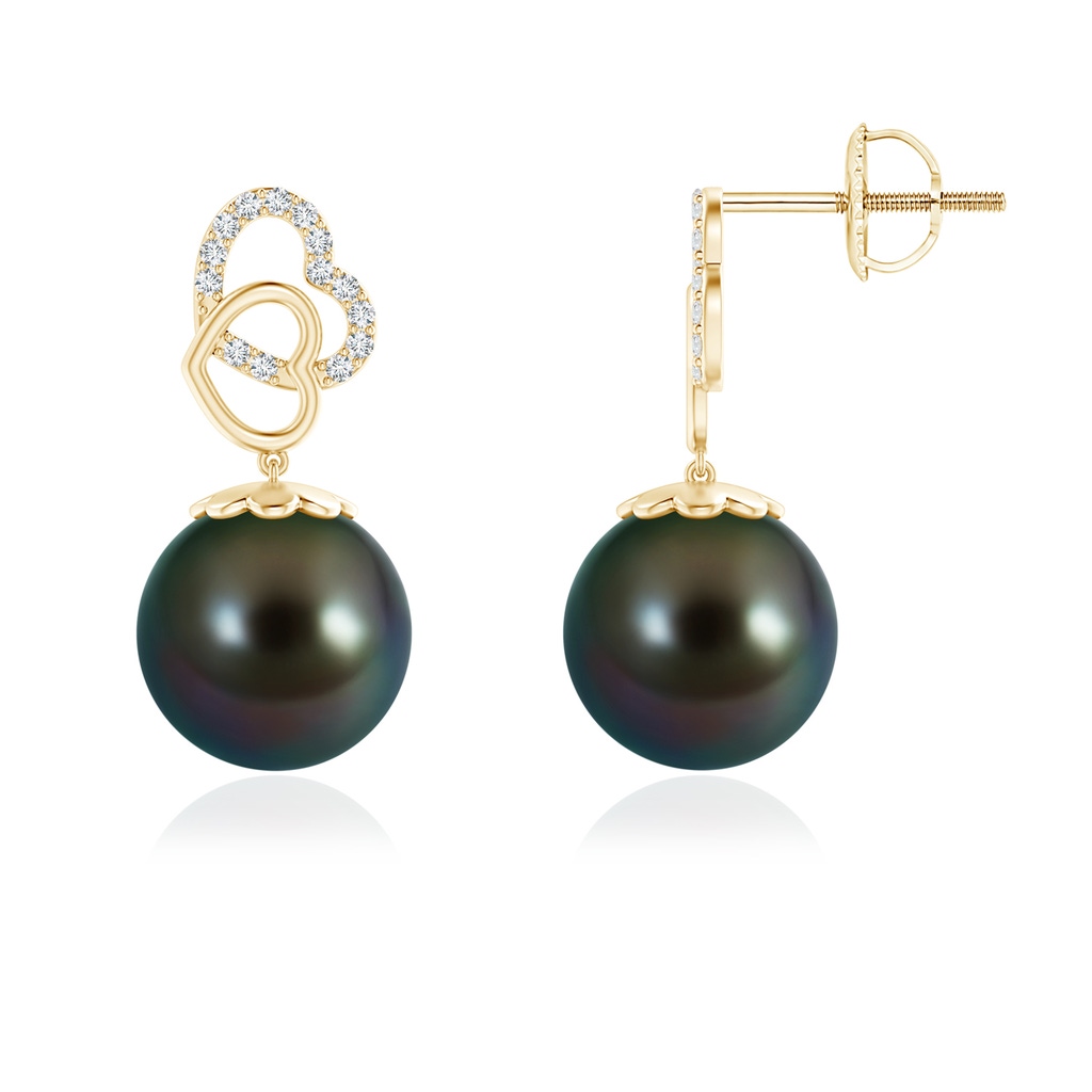 10mm AAAA Intertwined Heart Tahitian Cultured Pearl Drop Earrings in Yellow Gold