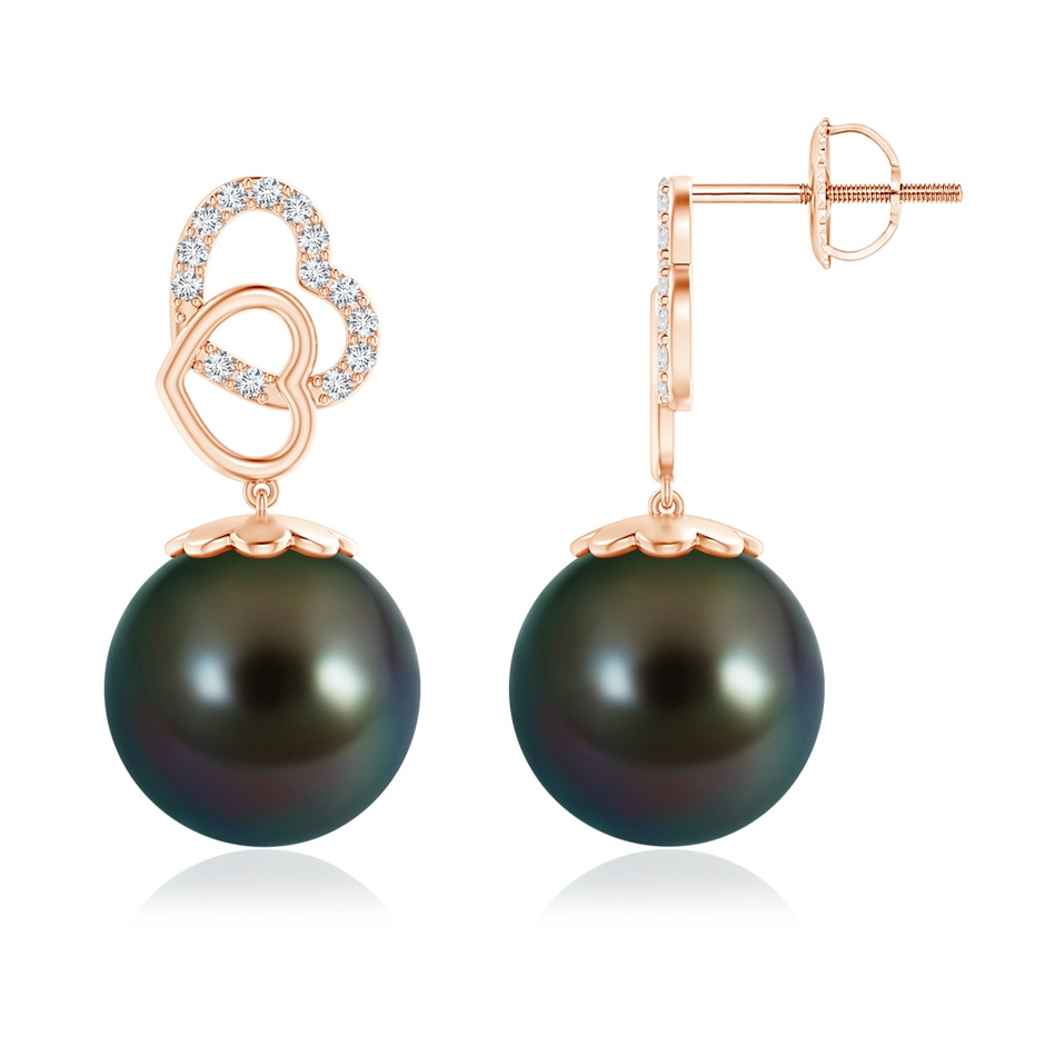 12mm AAAA Intertwined Heart Tahitian Cultured Pearl Drop Earrings in Rose Gold 