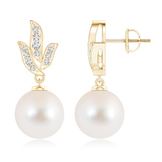 10mm AAA Vintage-Inspired Freshwater Cultured Pearl Leaf Earrings in Yellow Gold