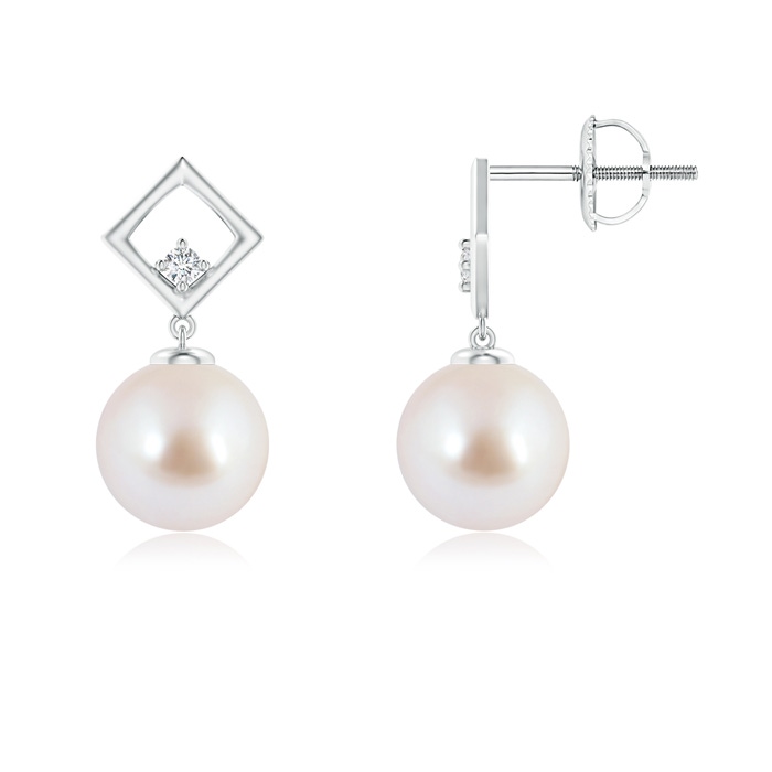 8mm AAA Akoya Cultured Pearl and Diamond Geometric Drop Earrings in White Gold