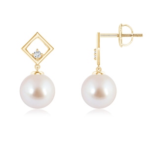 8mm AAA Akoya Cultured Pearl and Diamond Geometric Drop Earrings in Yellow Gold