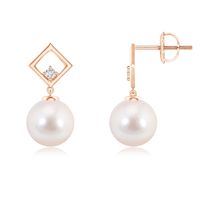 8mm AAAA Akoya Cultured Pearl and Diamond Geometric Drop Earrings in Rose Gold