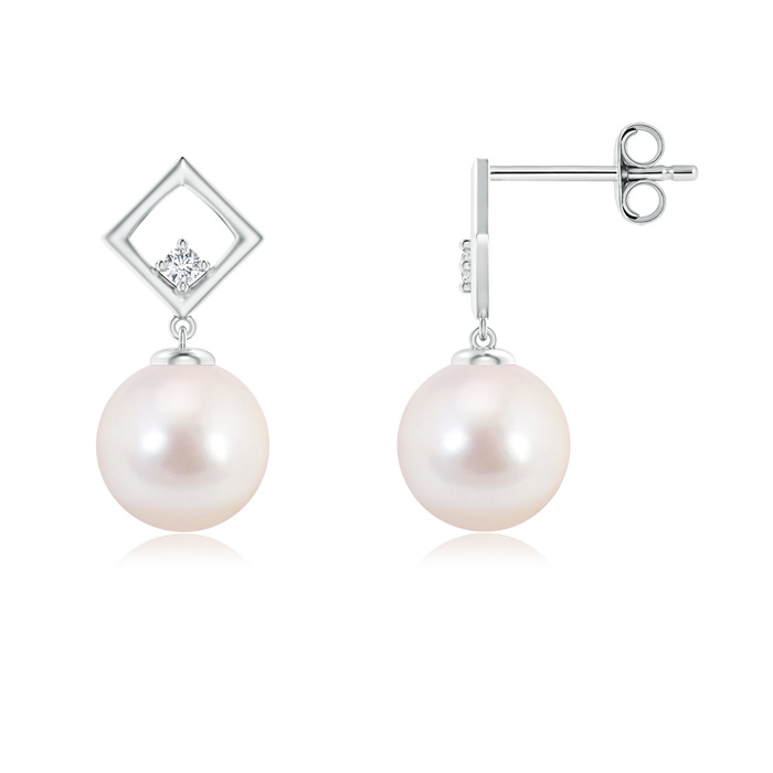 8mm AAAA Akoya Cultured Pearl and Diamond Geometric Drop Earrings in S999 Silver