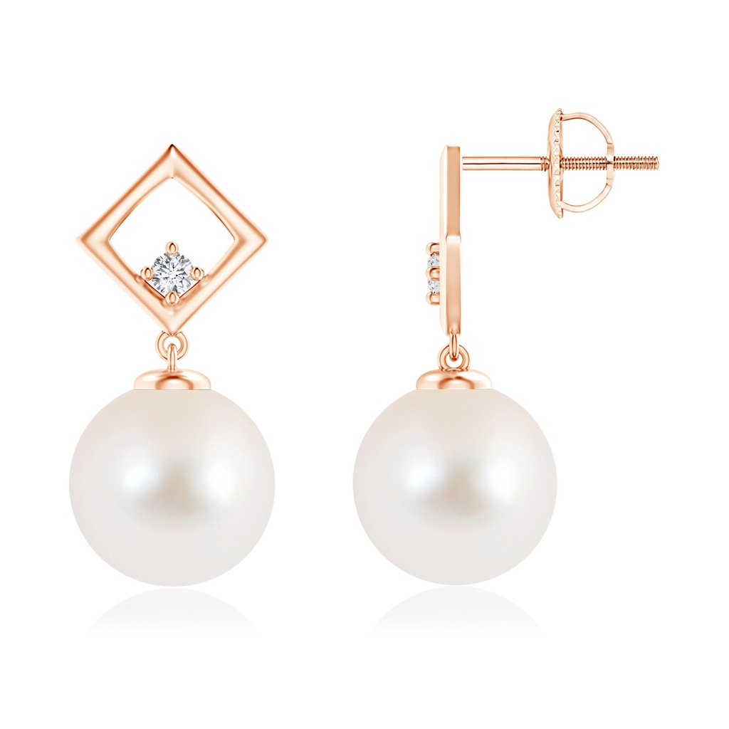 10mm AAA Freshwater Cultured Pearl and Diamond Geometric Drop Earrings in Rose Gold