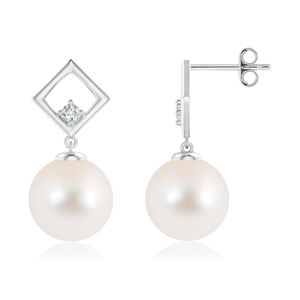 10mm AAA Freshwater Cultured Pearl and Diamond Geometric Drop Earrings in S999 Silver