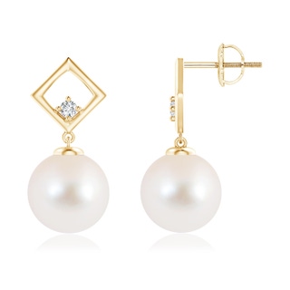 10mm AAA Freshwater Cultured Pearl and Diamond Geometric Drop Earrings in Yellow Gold