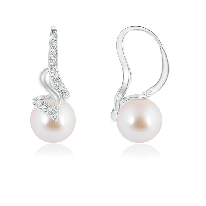 8mm AAA Japanese Akoya Pearl Swirl Leverback Earrings in White Gold