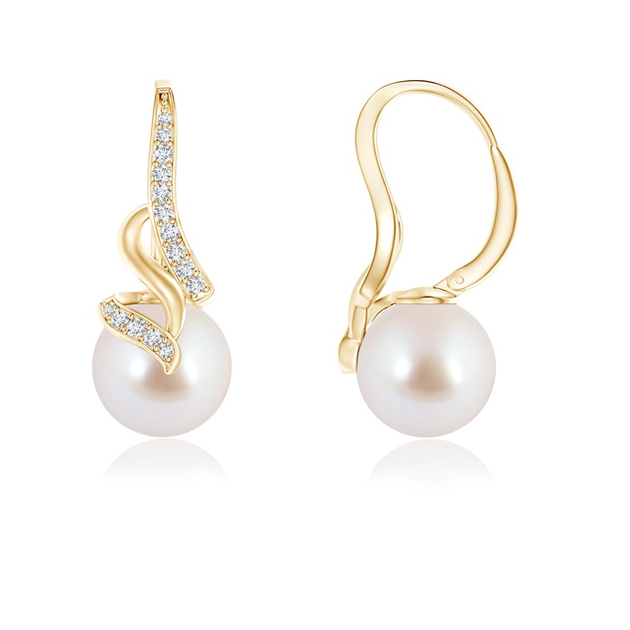 8mm AAA Japanese Akoya Pearl Swirl Leverback Earrings in Yellow Gold 