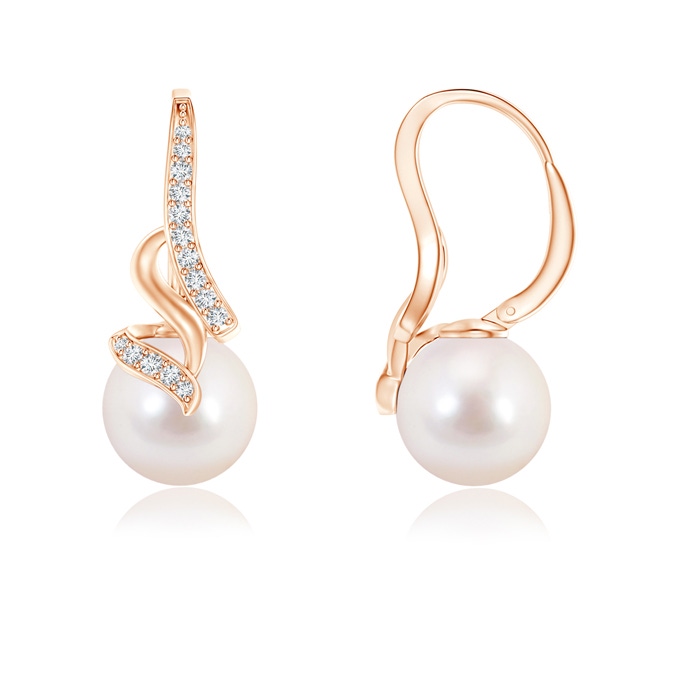8mm AAAA Japanese Akoya Pearl Swirl Leverback Earrings in Rose Gold 