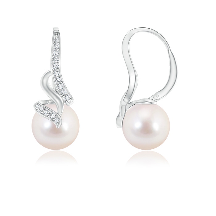 8mm AAAA Japanese Akoya Pearl Swirl Leverback Earrings in White Gold 